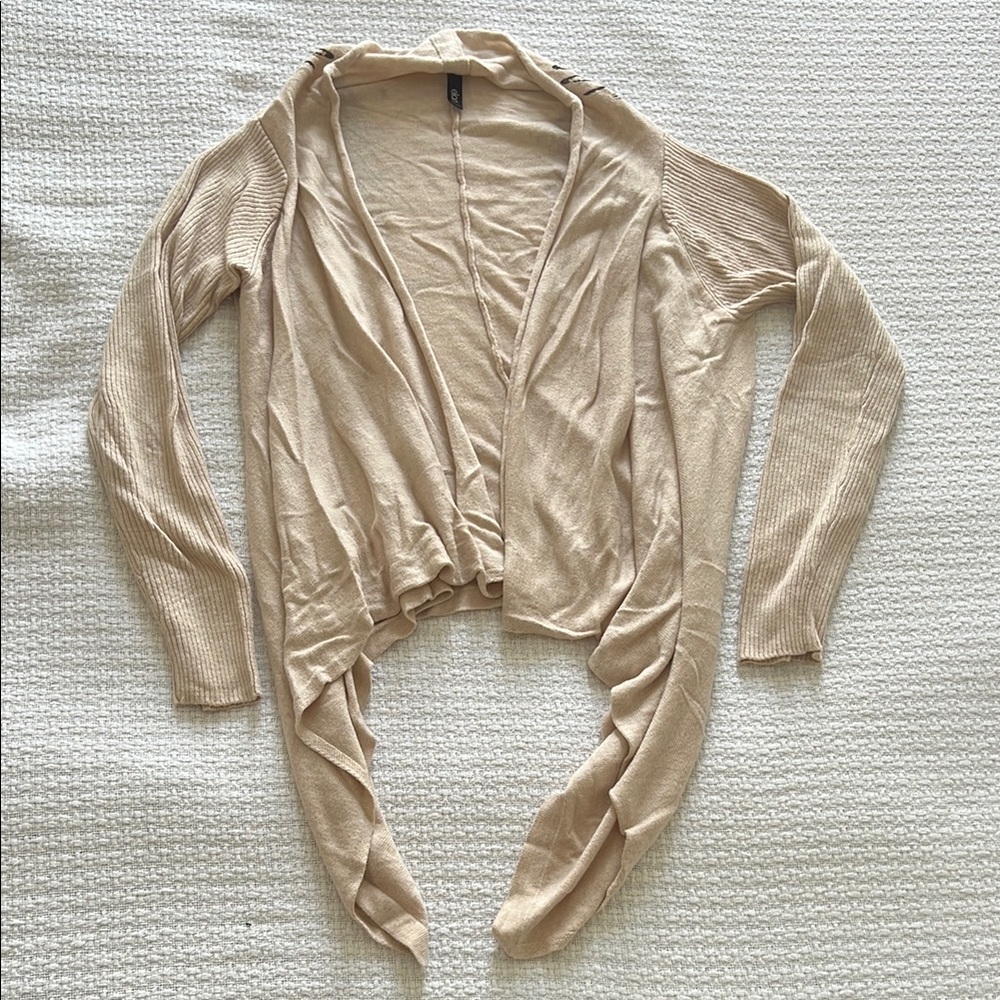 Beige Open Front Cardigan Sweater w/ Wing Back Detail